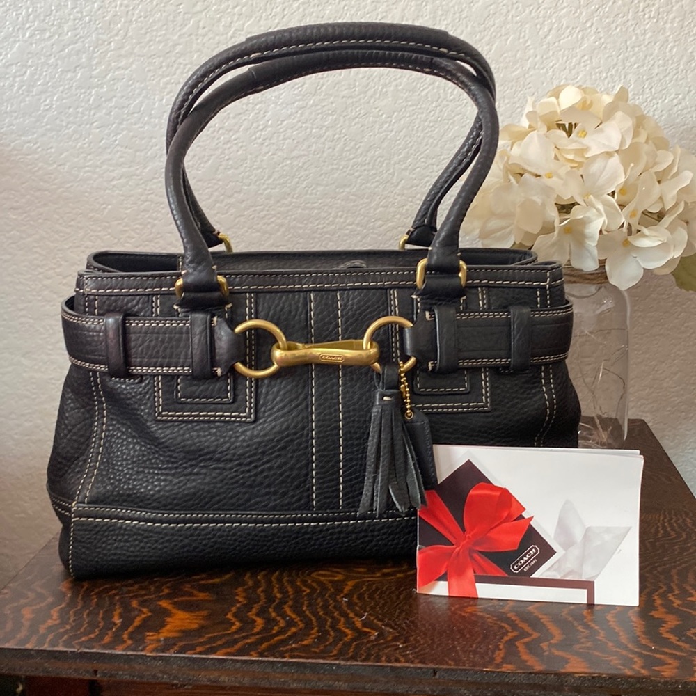 Coach Hamptons Black Pebble Leather 10212 Shoulder Belted Tassel Tote.